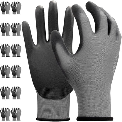 Kebada W1 Work Gloves for Men and Women,12 Pairs Touchscreen Working Gloves with Grip, PU Coating on Palm & Fingers,Gray XXL