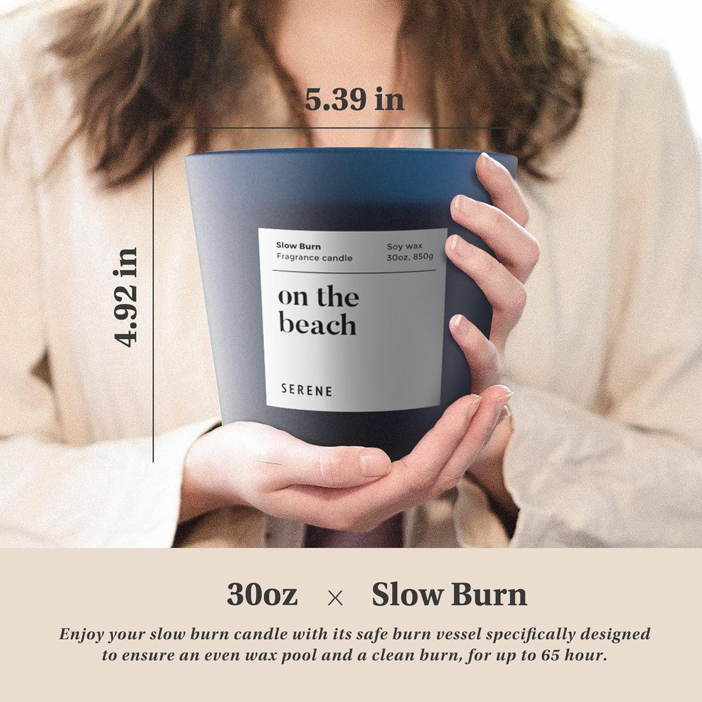 Hidden Label Large Scented Candle, On The Beach, 30oz 3 Wick Huge Candle, Serene Collection Slow Burn Natural Soy Candles for Home Scented