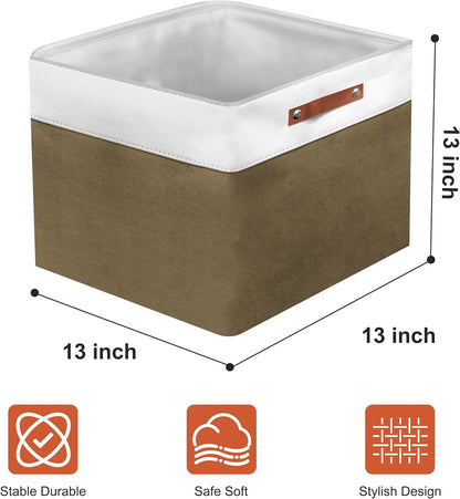 13in Open Fabric Storage Basket with Leather Handles for Organizing, Collapsible Linen Closet Bins for Shelves, Closets, Laundry, Decorative Basket for Gifts. (White＆Brown, 3PCS/13x13in)