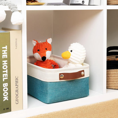 DULLEMELO Small Collapsible Fabric Basket for Organizing, Shelves, Closets, Laundry, Nursery, Decorative Gift Basket (White & Teal)