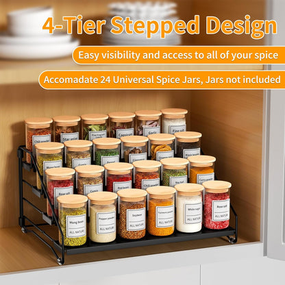 RCHYFEED Spice Rack Organizer for Cabinet Pantry,4 Tier Spice Rack Countertop, Depth Adjustable Spice Organization for Cabinet,Tierd Seasoning Organizer for Cabinet(Black, 1Pack)