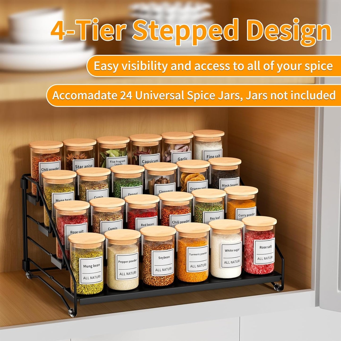 RCHYFEED Spice Rack Organizer for Cabinet Pantry,4 Tier Spice Rack Countertop,Tierd Spice Organization Easy Visibility, Depth Adjustable Seasoning Organizer for Cabinet (Black, 2Pack)
