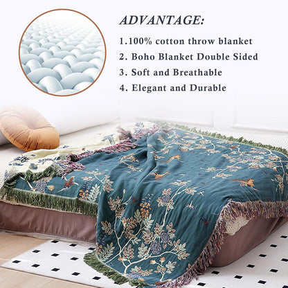 Snycler Boho Throw Blanket for Bed - 100% Cotton Ultra Soft Rustic Quilt Blanket Green Floral Bird Printed Farmhouse Decor Bed Blankets, 60"×80" All Season Rustic Throw for Sofa Chair Couch
