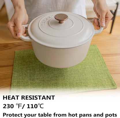 Demetex Table Placemats Set of 8 Olive Green Linen Place Mats Washable Fabric Plate Mats for Picnic Camping Barbecue, 13x19 inch, Lime Green