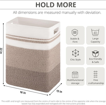 OIAHOMY Rectangle Laundry Basket, Large Laundry Hamper with Handles, Cotton Blanket Basket for Living room, Woven Decorative Storage Basket for Clothes,Pillows-16x13x22in-Gradient Yellow