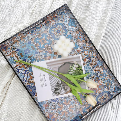 Spsyrine Serving Tray with Handles, Plastic Decorative Tray for Coffee Table, Living Room, Home Decor,Boho
