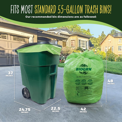 50-55 Gallon Compostable Trash Bags Flat-Top 12 Bags Heavy Duty 1.57 Mil 208.2 Liter Large Lawn and Yard Waste Bag Compost for Outdoor Garden ASTM D6400, US BPI and OK Compost Home Certified
