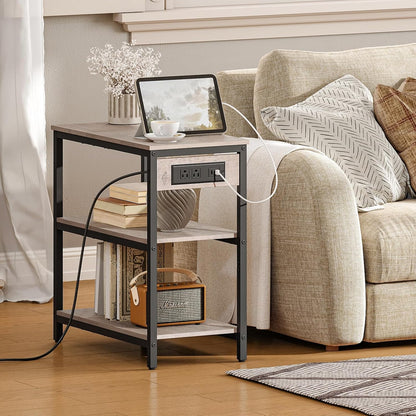 HOOBRO End Table with Charging Station, Simple Rustic Side Table with 3-Tier Storage Shelf, Narrow Nightstand for Small Spaces, for Living Room, Industrial Design, Greige and Black BG149UBZ01