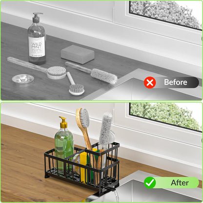 Black Sponge Holder for Kitchen Sink, Self-Draining Kitchen Sink Organizer with High Brush and Dishcloth Holder,304 Stainless Steel, Rustproof, Soap Caddy Dispenser for Countertop