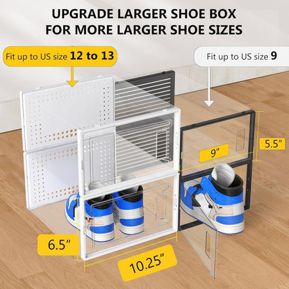 Secret Space 12 Pack XX Large Shoe Storage Organizer for Closet, Modular Space Saving Shoe Boxes Clear Plastic Stackable Containers Display Case Bins with Lids, Shoe Rack for Sneaker Storage, White02