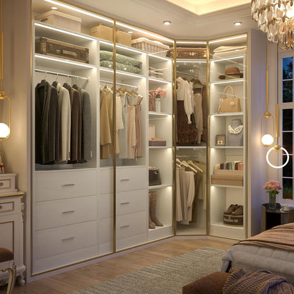 Corner Closet System with 6 Drawers, Closet Organizer System with 14 Shelves & 4 Hanging Rods, 87.2"L * 39.2"W / 63.2"L * 63.2"W Reversible L Shaped Walk-in Closets, Load 2500+LBS, White