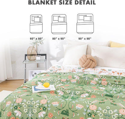 MSGKV Cotton Bed Blanket for Couch and Sofa Blankets for Living Room Bedroom Reversable Florals and Animals Throw 90"x98" Breathable Cozy Boho Blankets
