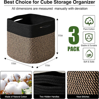 11 Inch Cube Storage Bins, Storage Cube Organizer Bins, Woven Cotton Rope Baskets for Storage, Storage Basket for Organizing Shelves, Square Baskets for Toys Nursery, Black & Jute (Pack of 3)
