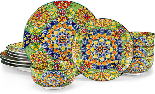 vancasso 12 Pieces Dinnerware Sets, Green Plates and Bowls Set, Porcelain Dishes Set for 4, Microwave and Dishwasher Safe, Scratch Resistant, Bohemian Style Dining Ware Service for 4, Series SIMI