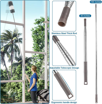 Microfiber Duster, 4PCS with Extension Pole(Stainless Steel) 30 to 100 Inches, Reusable Bendable Dusters, Washable Lightweight Dusters for Cleaning Ceiling Fan, High Ceiling, Blinds, Furniture, Cars