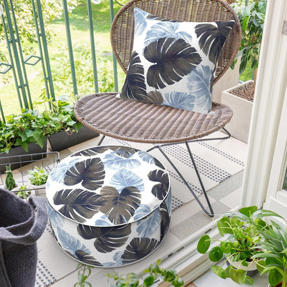 Inflatable Ottoman Stool D21 xH9 for Outdoor/Indoor Use, Water Repellent Patio Foot Rest Stool with Portable Handle,Round Pouf Ottoman Suitable for Garden,Deck and Camping - Monstera Blue