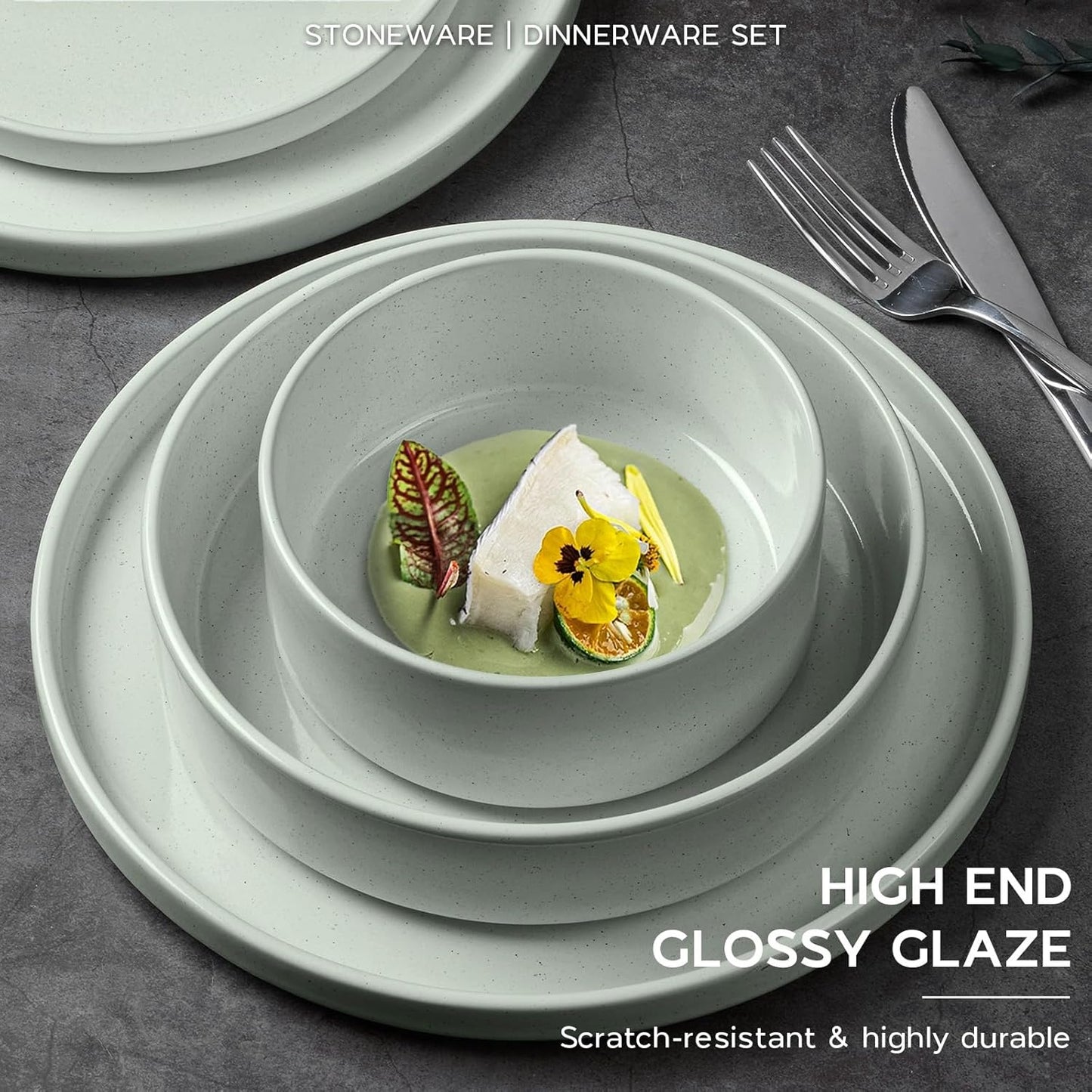 Onader Speckled Dinnerware Set for 4 with Pasta Bowl, 16 Piece Stoneware Plates and Bowls Dishes Set, Microwave & Dishwasher Safe – Pale Sage Green