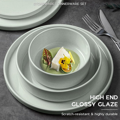 Onader Speckled Dinnerware Set for 4 with Pasta Bowl, 16 Piece Stoneware Plates and Bowls Dishes Set, Microwave & Dishwasher Safe – Pale Sage Green