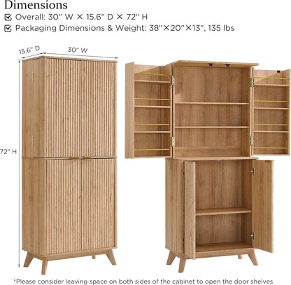 OKD Fluted Kitchen Pantry, 72" Tall Mid Century Modern Storage Cabinet with Adjustable Shelves & Door Organizer, Wood Cabinet for Kitchen, Living Room, Natural Oak
