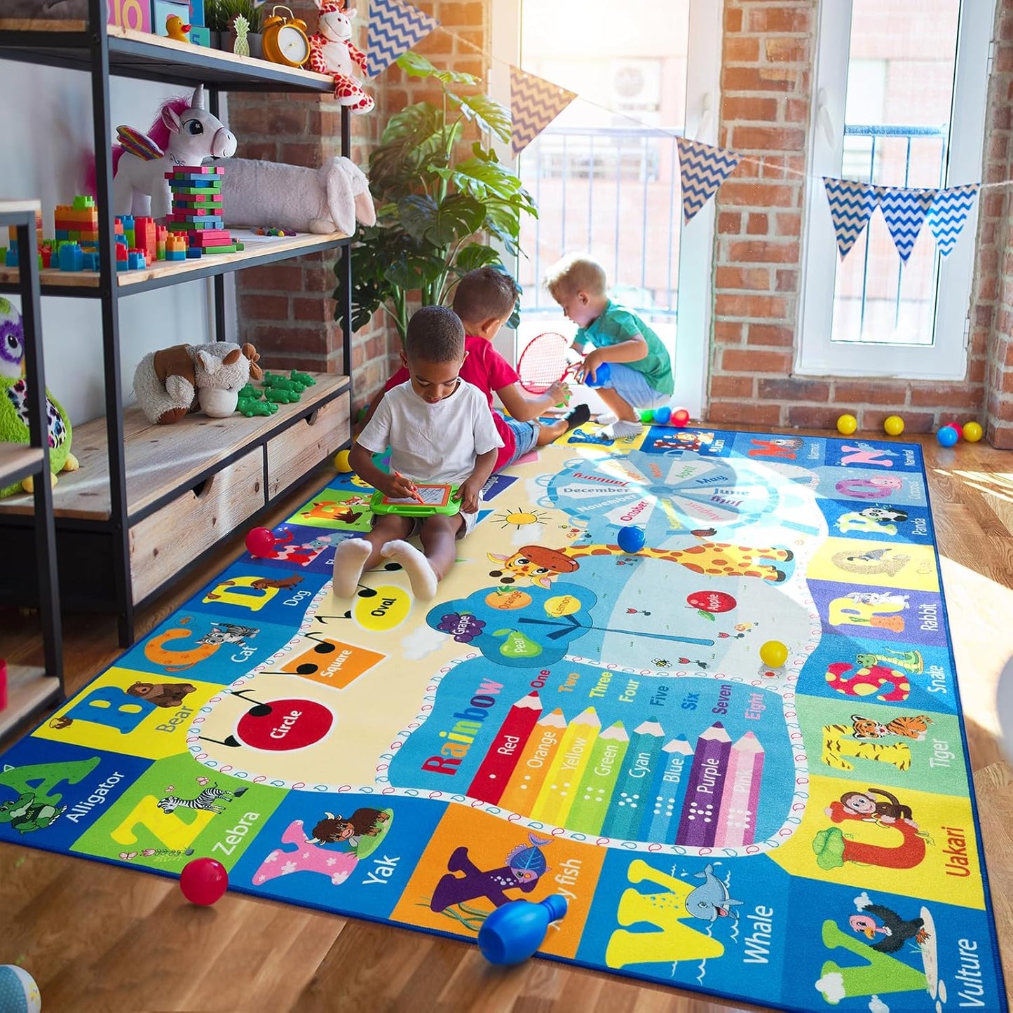 4x6 Playroom Rugs for Kids Washable, Educational and Fun Playmat with ABC Alphabet Animals Shapes Colors, Non-Slip Play Mat Learning Rugs for Baby Toddler Children Game Activity, Blue
