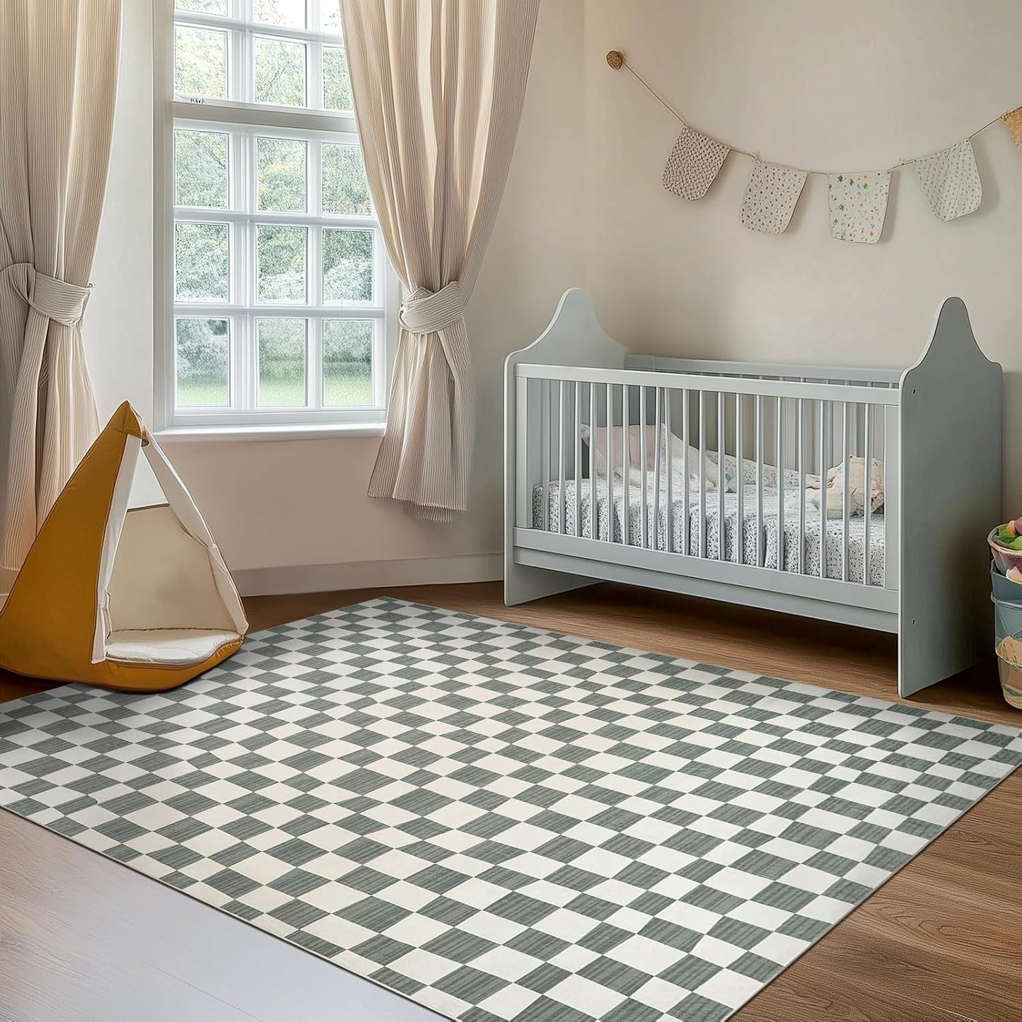 jinchan 5x7 Checkered Area Rugs for Kids Room - Machine Washable Soft Rug Modern Geometric Lattice Non-Slip Carpet for Nursery Playroom Classroom Living Room Bedroom Dining Room Home Office Grey