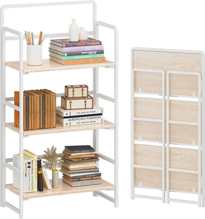 4NM No Assembly Foldable Bookshelf, 3-Shelf Collapsible Bookcase Storage for Small Spaces, 42.1" H, Natural White