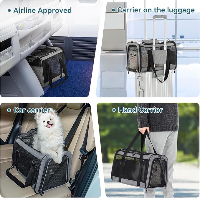 Petsfit Cat Carrier Dog Carriers Airline Approved, 18 x 11 x 11 Soft-Sided Pet Carrier, 3 Carrying Ways, Lightweight, Breathable, Escape Proof, with Adjustable Shoulder Strap and Soft Cushion