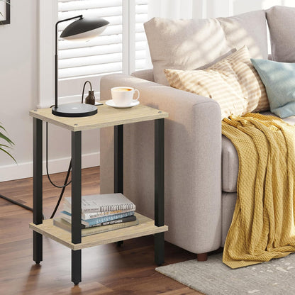 TUTOTAK End Table with Charging Station, Small Side Table with Outlets, Nightstand Bedside Table, 2-Tier Storage Shelf for Small Space, Living Room, Bedroom, Oak TB01BO040