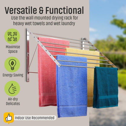 Smartsome | Wall Mounted | Clothes Drying Rack | 30" Wide | 20 Linear Feet Capacity | 8 Smooth Round Stainless Steel Rods | 60 lb Capacity | Fully Assembled | Compact Sturdy Space-Saving Design