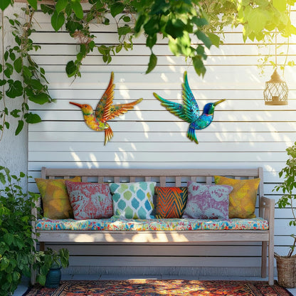 HONGLAND Metal Hummingbird Wall Art 12inch Metal Birds Wall Sculpture Garden Decoration Outdoor Statue Patio Fence Hanging Plaques 2 Pack（Multicolor）