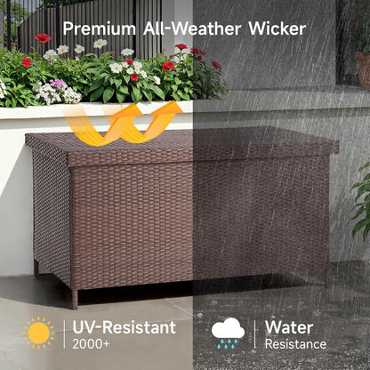 158 Gallon XL Deck Box with Lid, All Weather Wicker Outdoor Storage Box Waterproof, Large Outdoor Patio Storage Bin for Cushions, Garden Tools, Gears, Pool Accessories, Brown