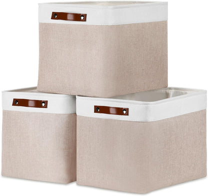 DULLEMELO Fabric Storage Bins, Lining Fabric Baskets For Gifts, Large Storage Baskets for Toys Books Clothes Storage, Foldable Storage Basket for Office Home Shelves Closets Organizing(White&Khaki)
