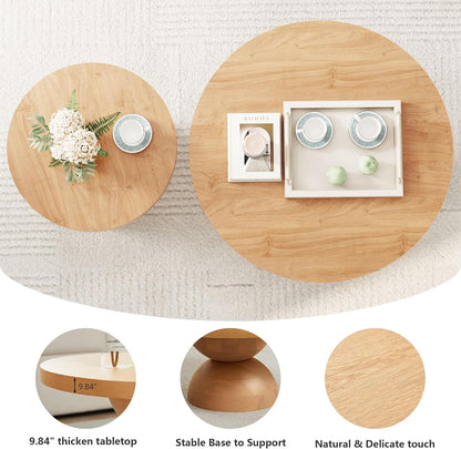 Solid Wood Round Nesting Coffee Table Set of 2, Circle Accent Tables with Unique Semi-Circular Legs, Mid Century Modern Side End Table Set for Small Space Living Room Office (Natural Oak)