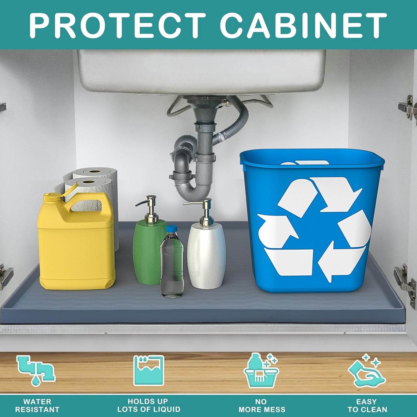 URMONA Waterproof Silicone Under Sink Mat 19'' x 12'' Shelf Liner for Kitchen and Bathroom, Cabinet and Counter Protector, Storage and Organizers, Litter Mat, Pet Cat Puppy Essentials(Light Grey)