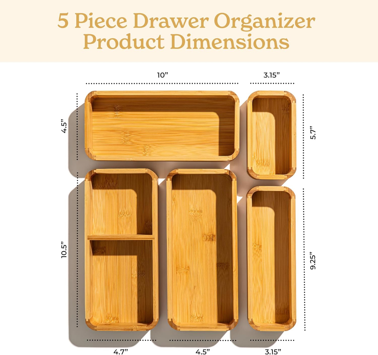 SMIRLY 5-Piece Bamboo Kitchen Drawer Organizer Set for Large and Small Utensils, Multi-use Storage Box - Bathroom, Nightstand, Jewelry, Cutlery, Knife, Spice, Towel, Junk Drawer Tray