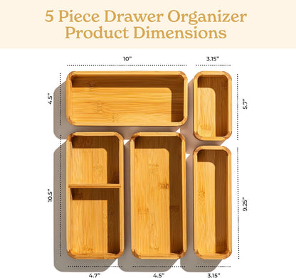 SMIRLY 5-Piece Bamboo Kitchen Drawer Organizer Set for Large and Small Utensils, Multi-use Storage Box - Bathroom, Nightstand, Jewelry, Cutlery, Knife, Spice, Towel, Junk Drawer Tray