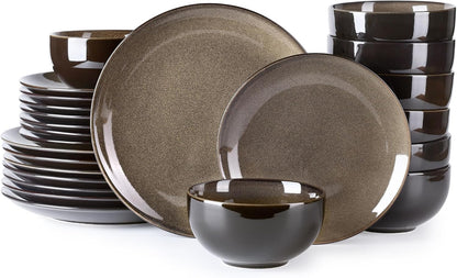 LERATIO Ceramic Dinnerware Sets for 8,Stoneware Plates and Bowls Sets,Handmade Reactive Glaze Dishes Set,Chip Resistant and Scratch Resistant | Oven&Dishwasher & Microwave Safe-Chestnut(24PCS)