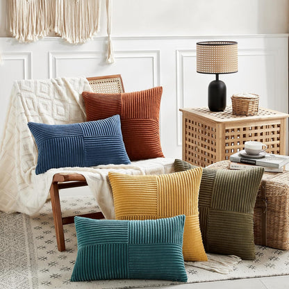 Fancy Homi 2 Packs Teal Samll Decorative Throw Pillow Covers 14x14 Inch with for Couch Bed Sofa, Rustic Farmhouse Boho Home Decor, Soft Corss Patchwork Corduroy Square Cushion Case 35x35 cm