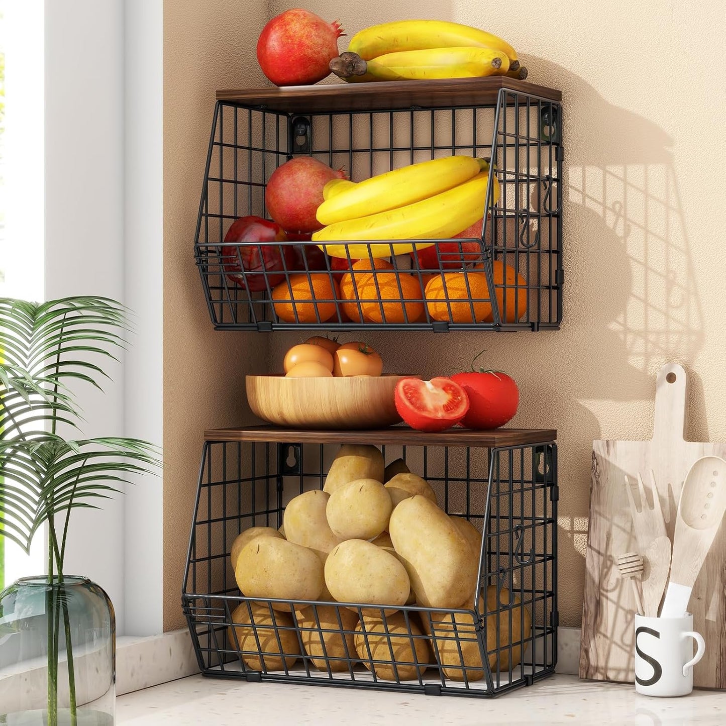 2pcs Fruit Basket Kitchen Storage Basket with Wood Lid, Stackable Wall Basket Fruit Basket for Kitchen, Countertop Organizer for Snack, Fruit and Veggie Storage, 11.8 x 7.9 x 8.5 Inch