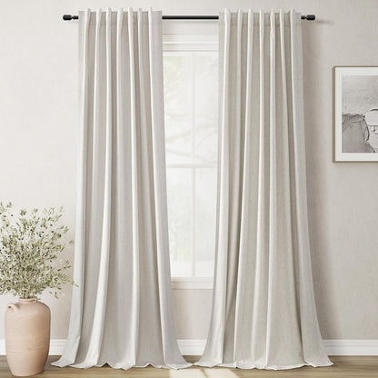 108 Inch Black Out Curtains 2 Panels Set Back Tab Thermal Insulated Natural Linen Textured Blackout Curtains Noise Reducing Cream Colored Neutral Living Room Darkening Window Drapes Pleated 52x108