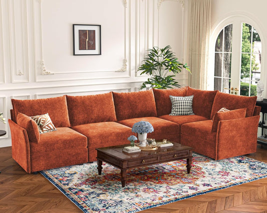 135.5" Oversized Modular Sectional Sofa, L Shaped Convertible Couch with Movable Ottoman, 5 Seat Corner Couches for Living Room Deep Seat Terracotta Orange Chenille