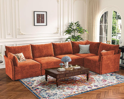136.4" Oversized Modular Sectional Sofa, U Shaped Convertible Couch with Movable Ottoman, Large 7 Seat Corner Couches for Living Room Deep Seat Terracotta Orange Chenille