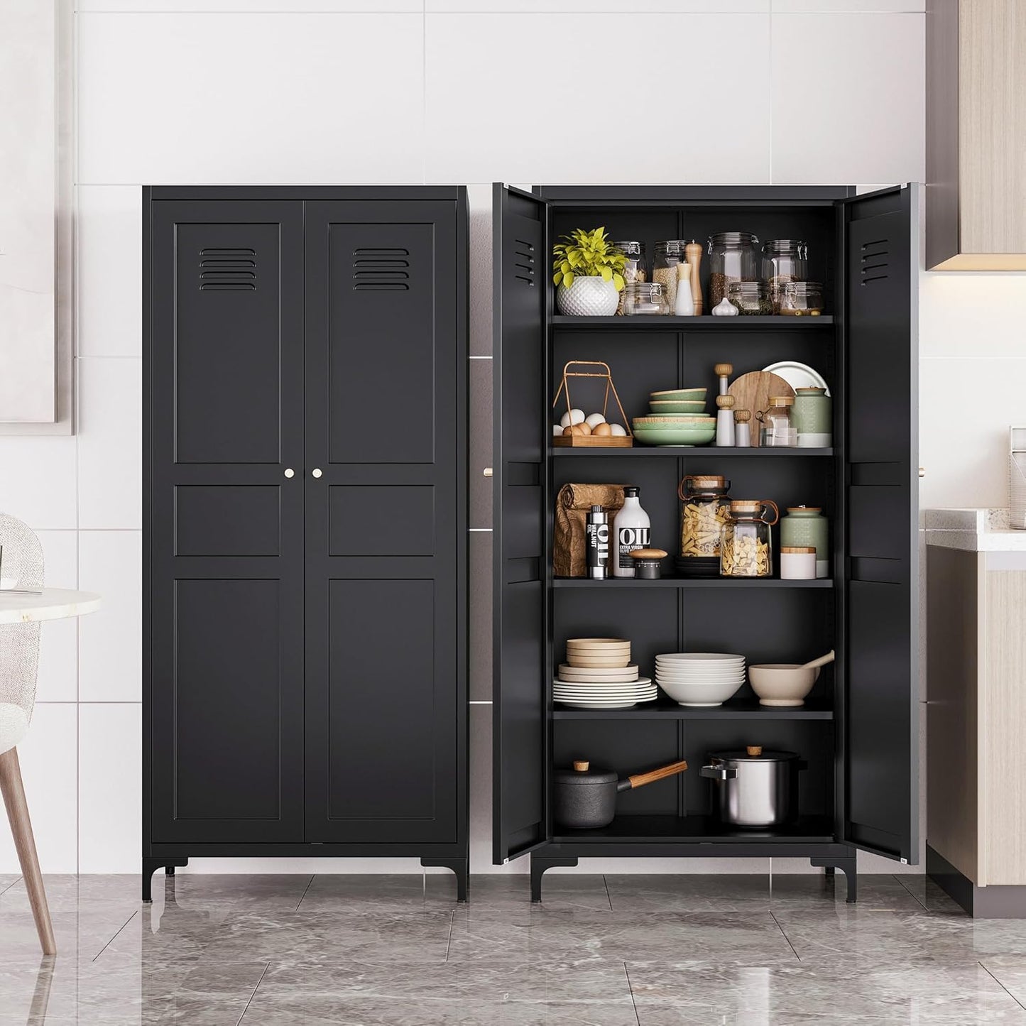 Metal Storage Cabinet with Doors and Shelves,Black Storage Cabinet with Leg,Metal Pantry Cabinets,Ventilated Pantry Closet,Tall Large Cupboard for Home,Kitchen,Dining/Living/Laundry Room