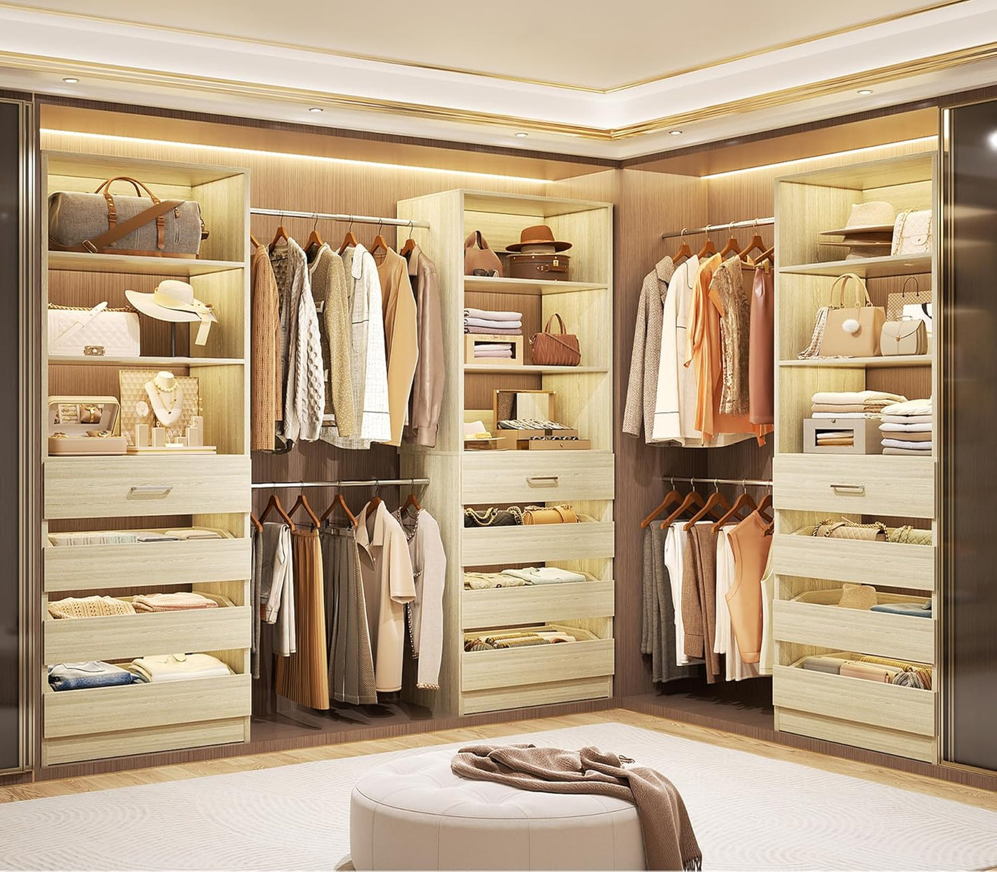 Aheaplus Closet System with 12 Drawers, 8.5-11.5Ft Wood Closet Organizer System with 4 Hanging Rods & 3 Towers, 4Ft & 6Ft L-Shaped Walk-in Closets Wardrobe Organizer Clothes Rack, Set of 3, White Oak