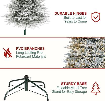 Hykolity 7.5 ft Prelit Snow Flocked Christmas Tree, 2933 PE&PVC Realistic Branch Tips, Artificial Twinkling Christmas Tree with 450 Warm White LED Lights, Metal Stand and Hinged Branches