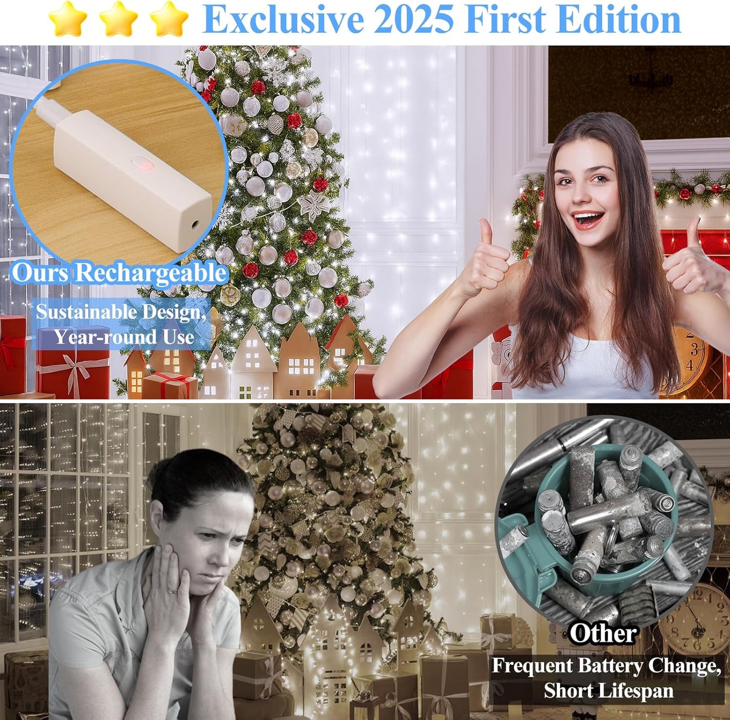 Lakumu 32FT(16 * 2) Fairy Lights Battery Operated, Rechargeable String Lights with Timer, LED Twinkle Lights for Bedroom, Christmas Decorations, Wedding, Vine, Centerpiece Table Decor Cool White