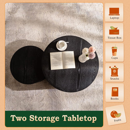 Round Nesting Coffee Table Modern Fluted Coffee Table Set of 2 Circle Drum Coffee Tables Small Round Accent Side End Table for Living Room No Assembly (Black B 27in)