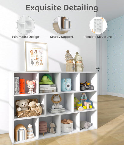 11 Cube White Kids Toy Storage Organizer & Bookshelf – Toy and Book Storage for Kids, Baby Bookshelf for Nursery, Wooden Bookcase & Book Organizer for Classroom