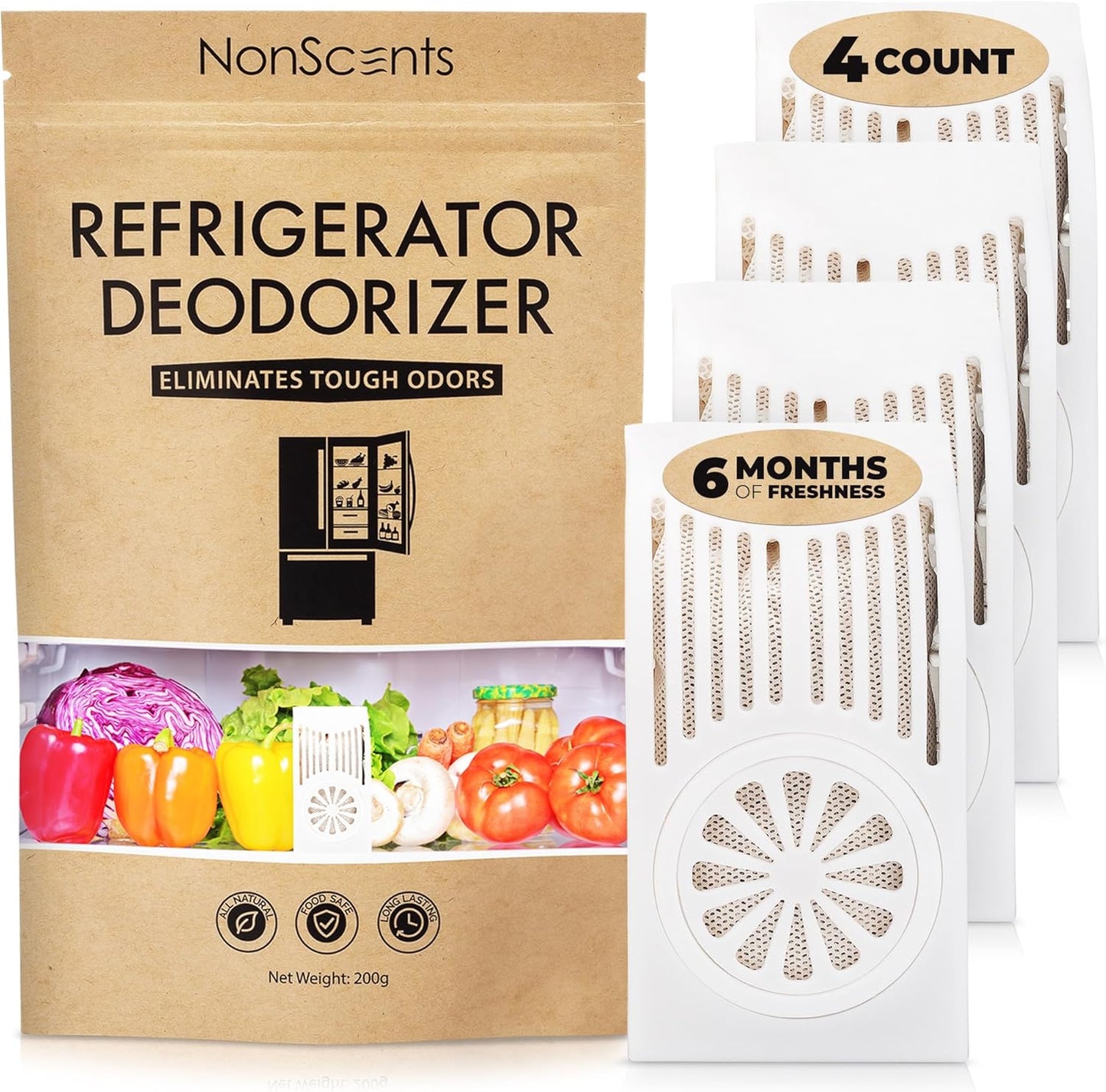 NonScents Refrigerator Deodorizer – Odor Eliminator for Fridge & Freezer – Outshines Baking Soda & Deodorizer with Activated Charcoal – Unscented & Long-Lasting, Freshen Refrigerator (4-Count)