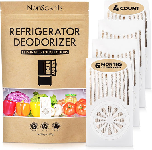 NonScents Refrigerator Deodorizer – Odor Eliminator for Fridge & Freezer – Outshines Baking Soda & Deodorizer with Activated Charcoal – Unscented & Long-Lasting, Freshen Refrigerator (4-Count)